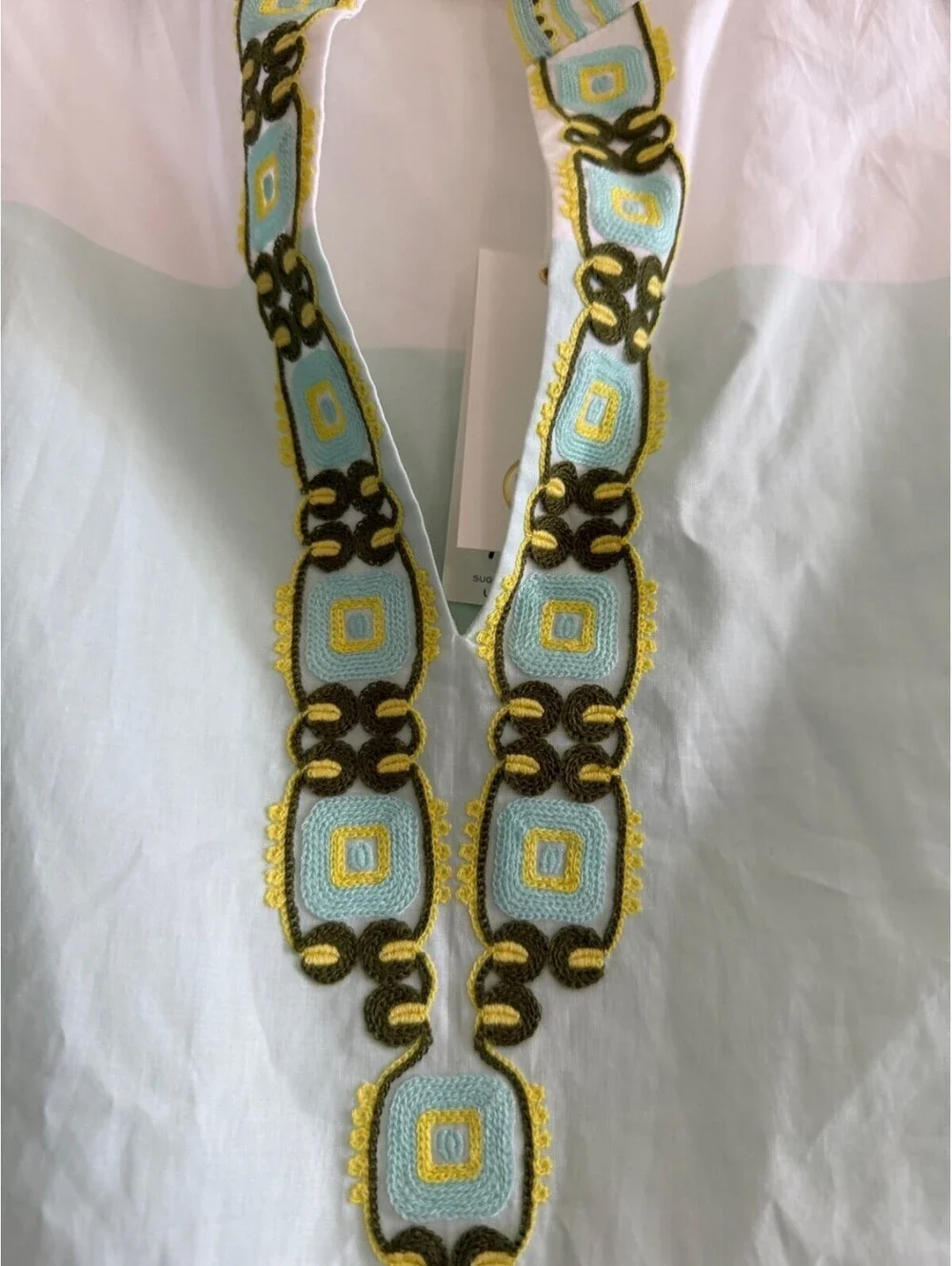 Tory Burch Isla Collins Stripe Tessa Tunic White Mint Green Embroidered Top Sz 6